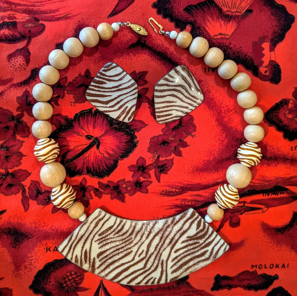 Vintage 1980s Zebra animal print enamel jewelry set